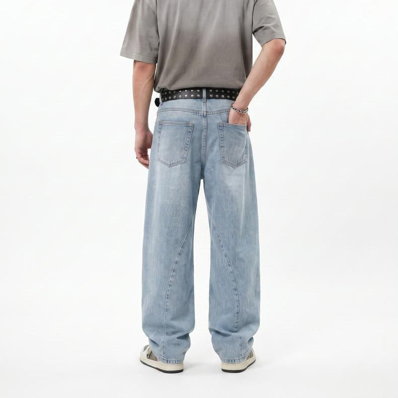 P0242 American Vintage-Style Washed Distressed Curved-Cut Whiskering Jeans