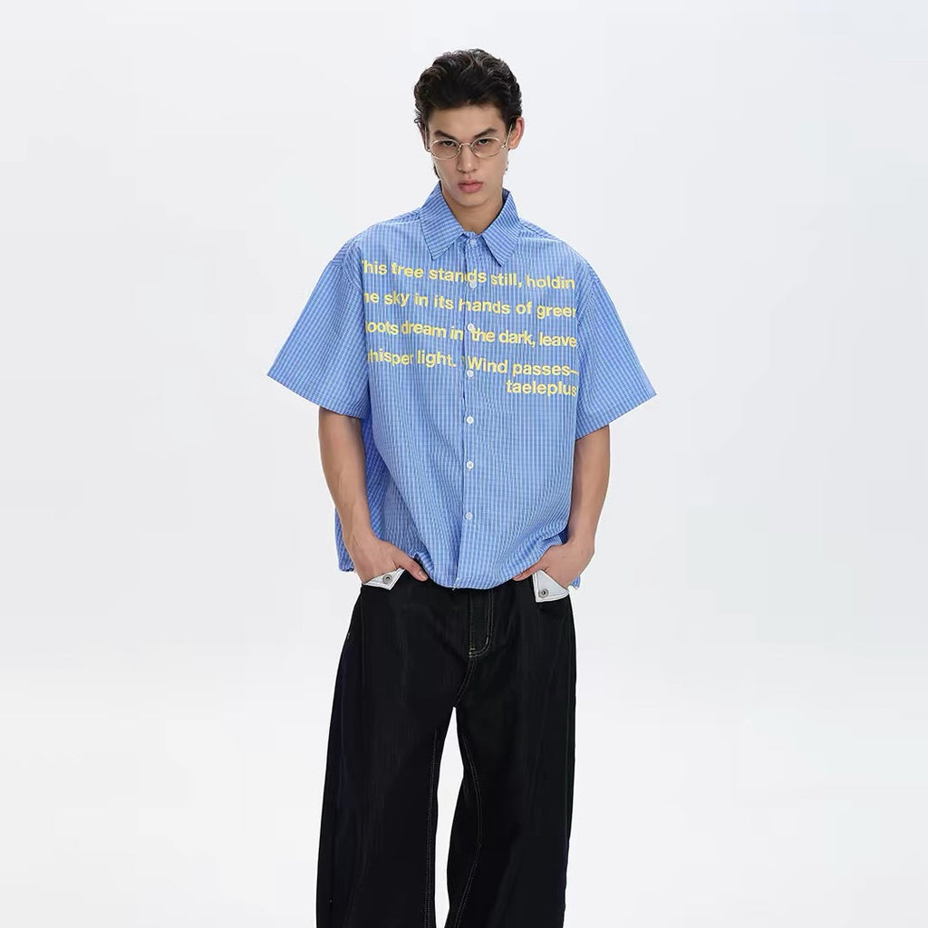 S0483 American-style plaid letter design short-sleeved shirt