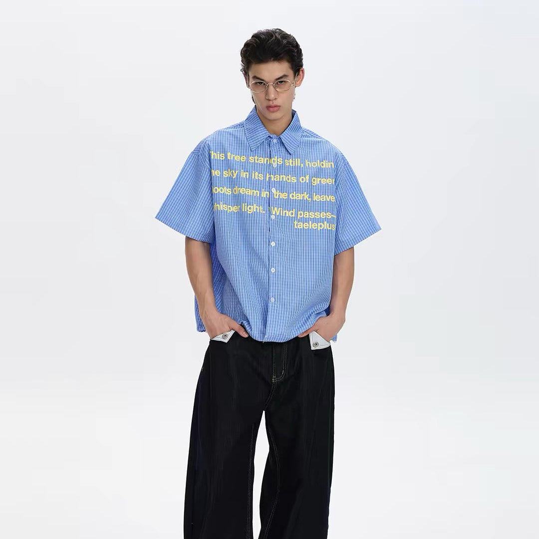 S0483 American-style plaid letter design short-sleeved shirt
