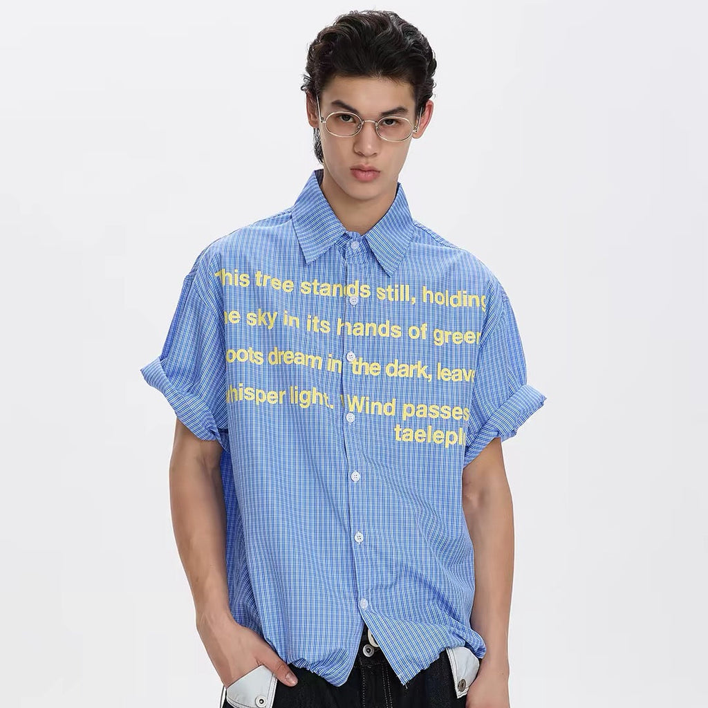 S0483 American-style plaid letter design short-sleeved shirt