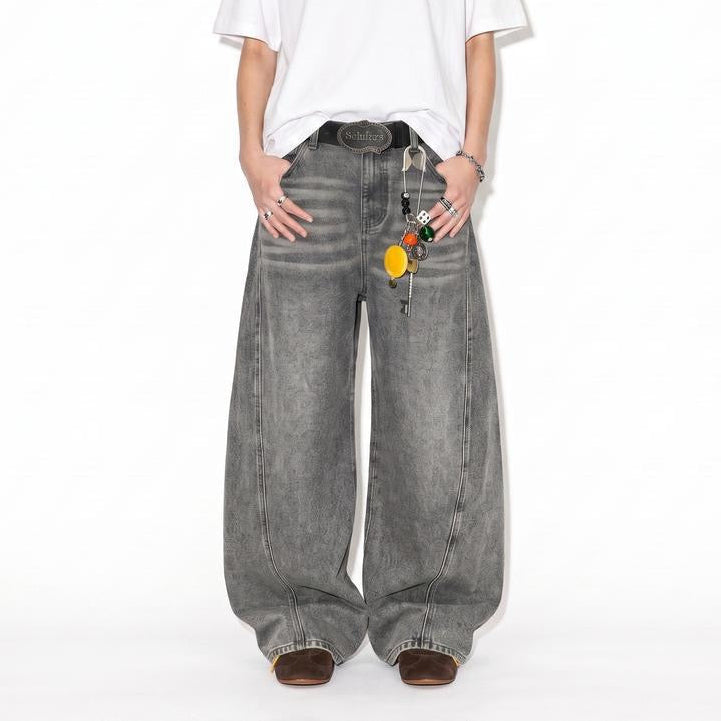 P0242 American Vintage-Style Washed Distressed Curved-Cut Whiskering Jeans