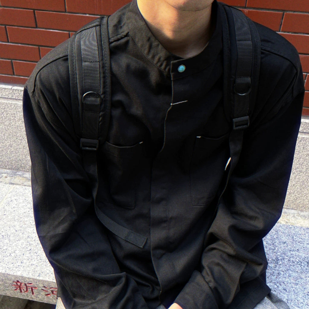 S0372 American Cargo Stand Collar Long Sleeve Shirt Available: Black | Beige | Brown