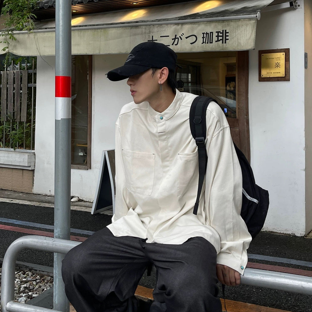 S0372 American Cargo Stand Collar Long Sleeve Shirt Available: Black | Beige | Brown