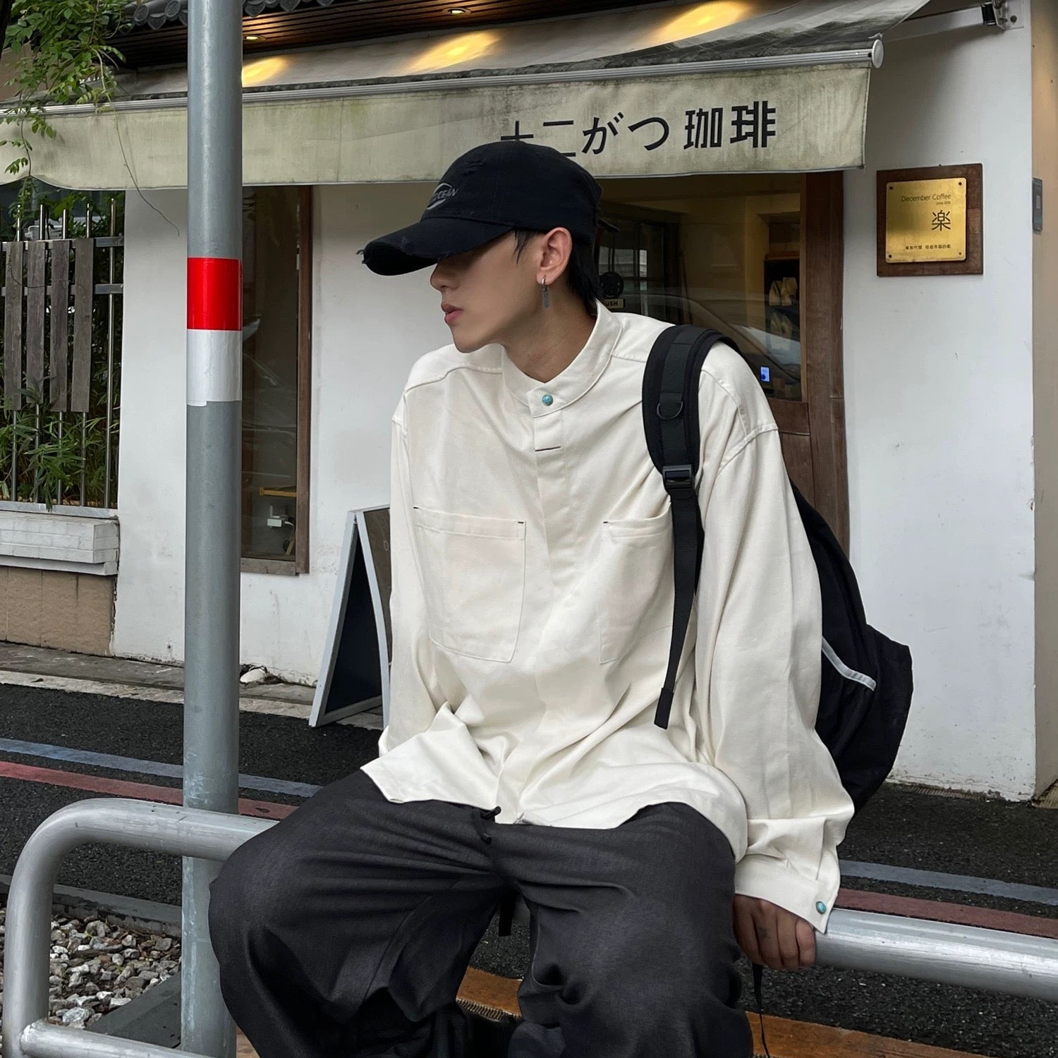S0372 American Cargo Stand Collar Long Sleeve Shirt Available: Black | Beige | Brown