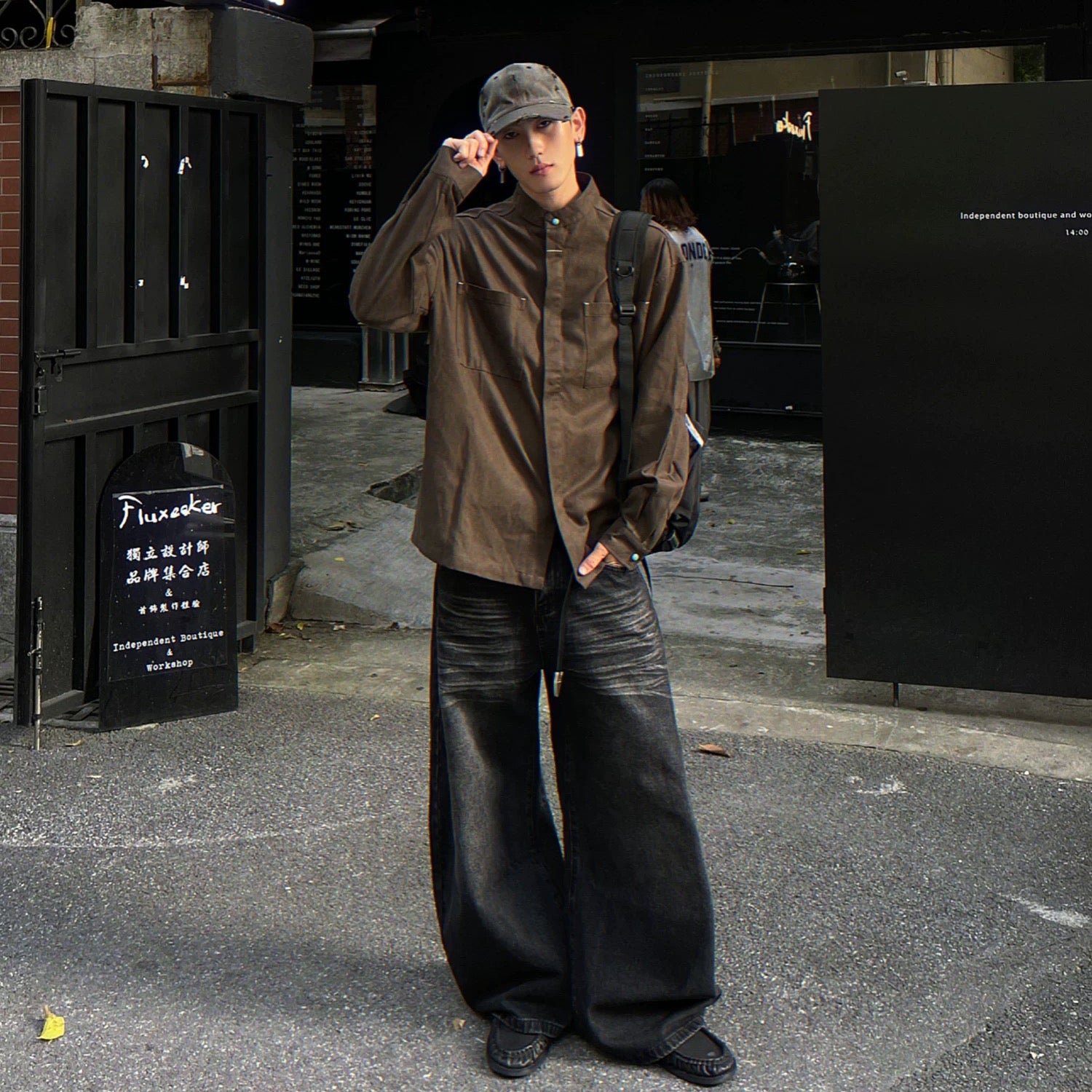 S0372 American Cargo Stand Collar Long Sleeve Shirt Available: Black | Beige | Brown
