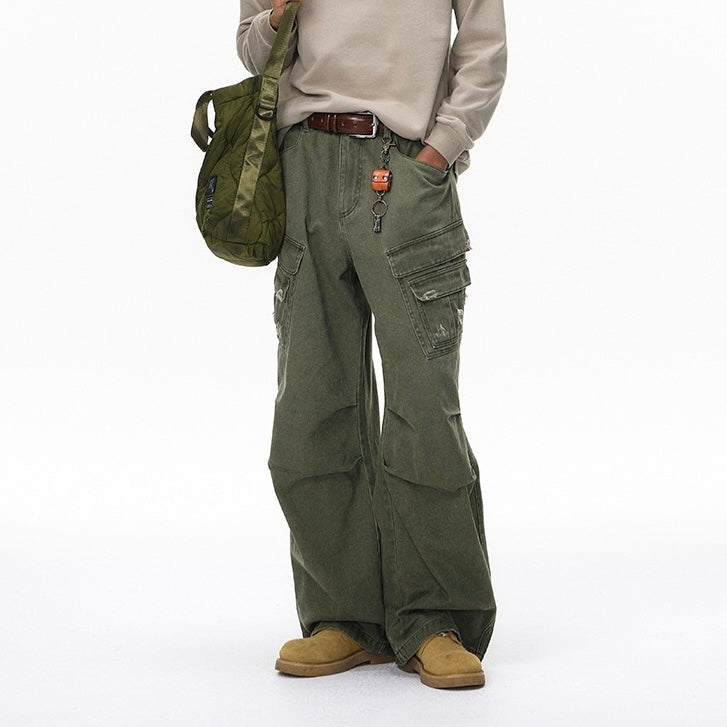 P0186 American street style washed distressed multi-pocket cargo pants