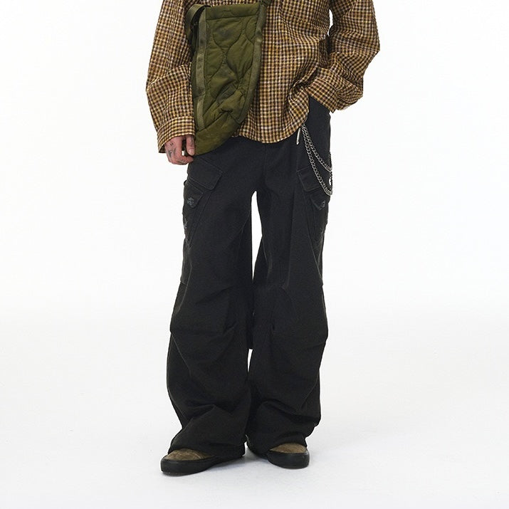 P0186 American street style washed distressed multi-pocket cargo pants