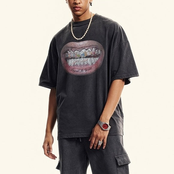 S0377 American style 310G heavyweight pure cotton loose loose trendy distressed print washed grey T-shirt