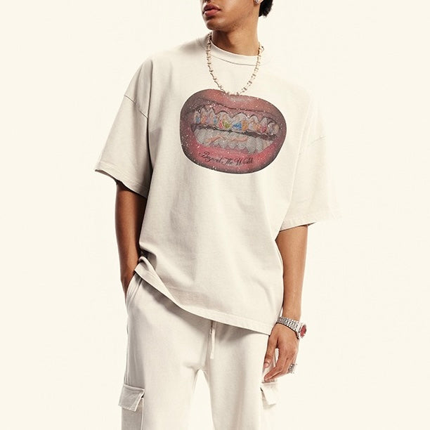 S0377 American style 310G heavyweight pure cotton loose loose trendy distressed print washed grey T-shirt