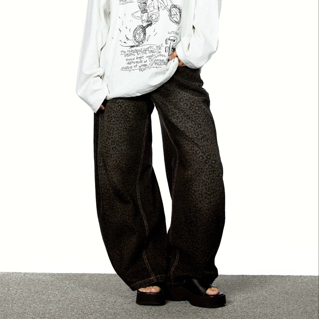 P0189 American Street Style Leopard Print Loose-fitting Jeans