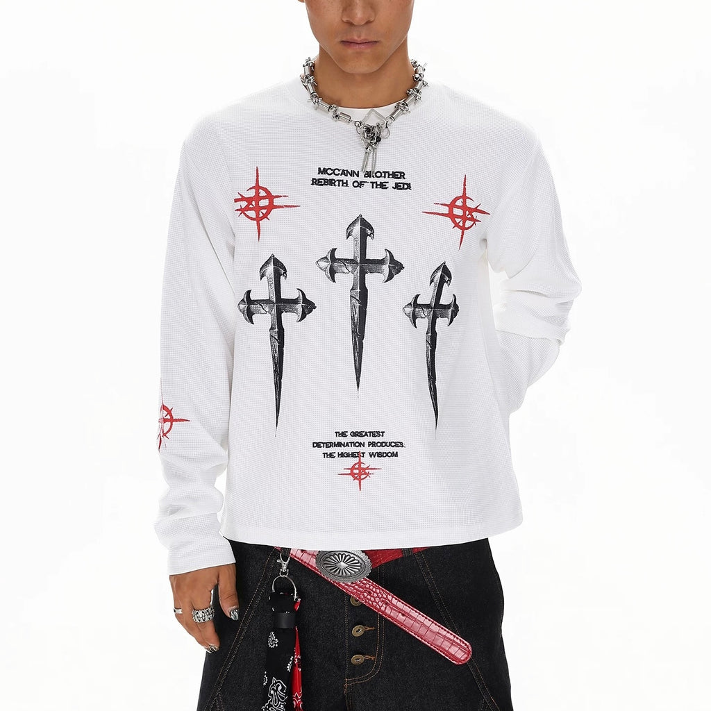 S0380 American Street Hip Hop Trendy Brand Cultural Shirt Dark Cross T-Shirt Long Sleeve