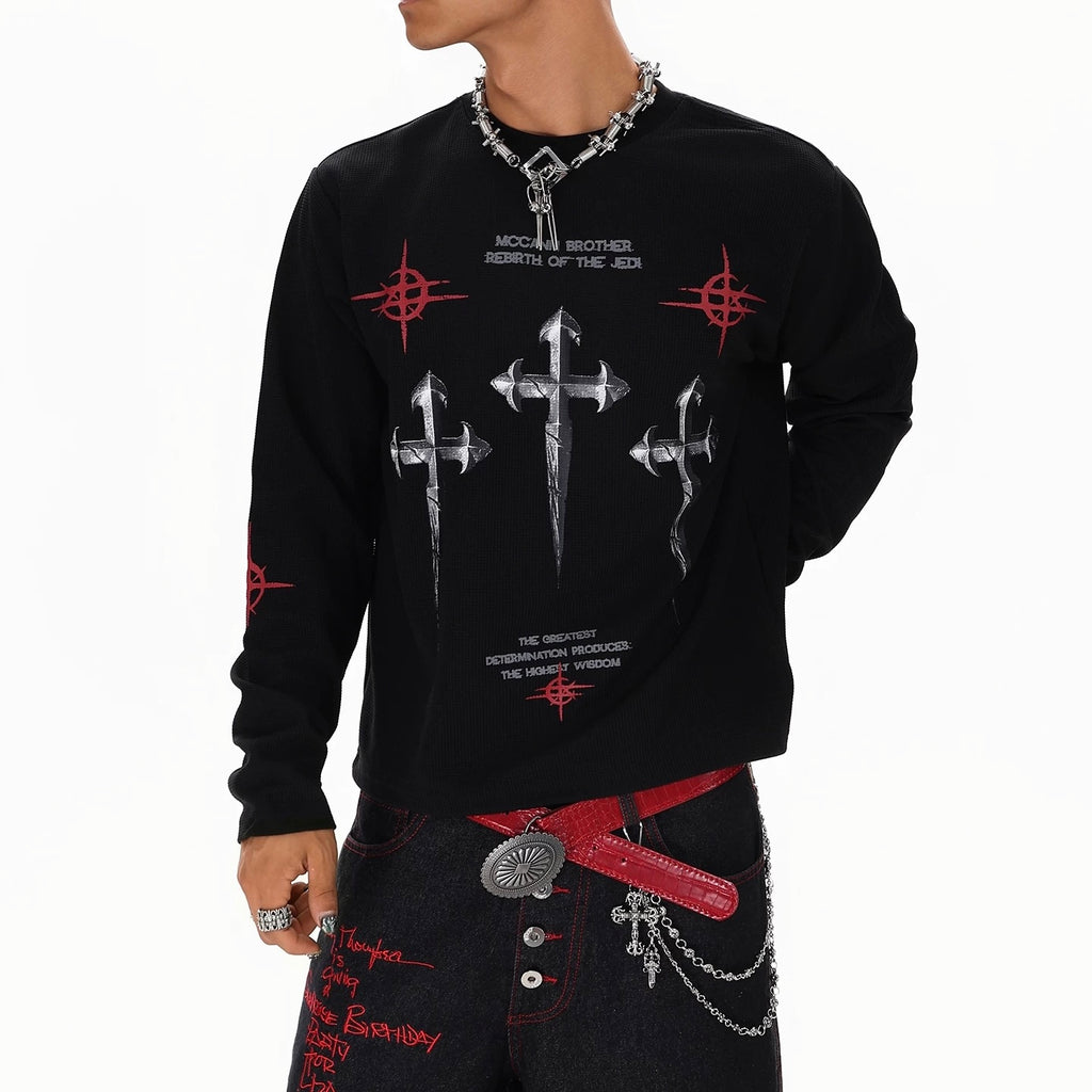 S0380 American Street Hip Hop Trendy Brand Cultural Shirt Dark Cross T-Shirt Long Sleeve