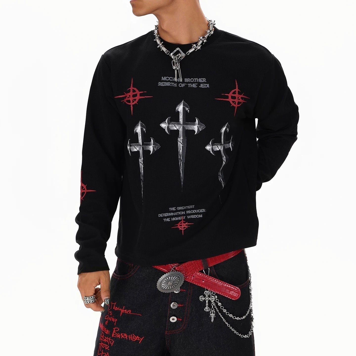 S0380 American Street Hip Hop Trendy Brand Cultural Shirt Dark Cross T-Shirt Long Sleeve