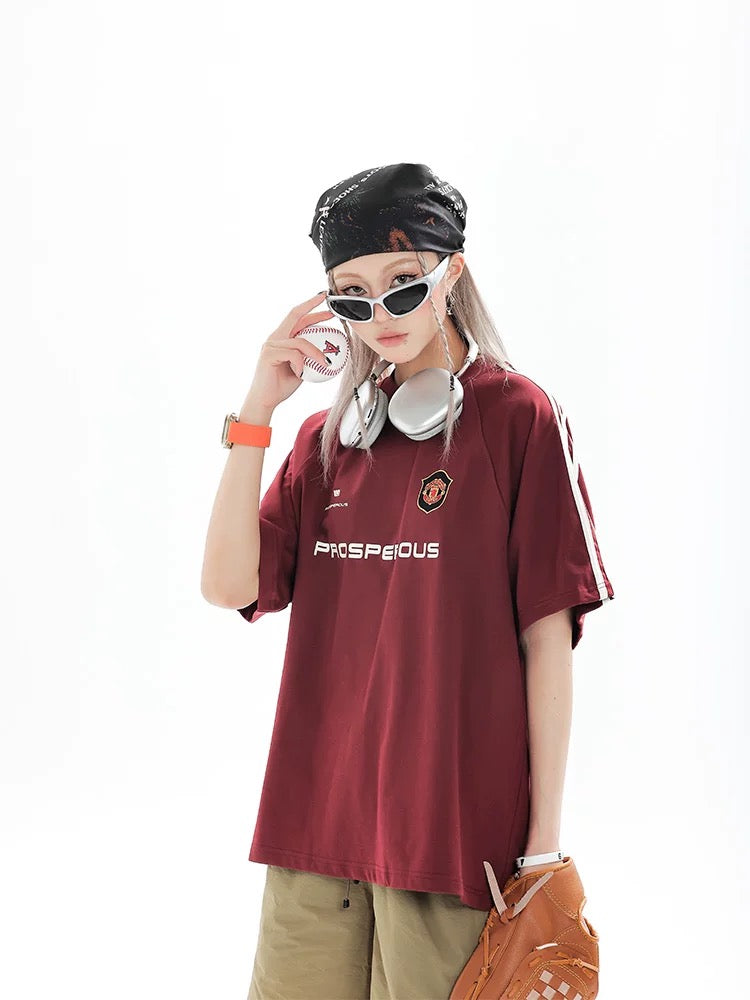 S0387 American-style loose-fitting patchwork T-shirt Available: Black | White | Grey | Red