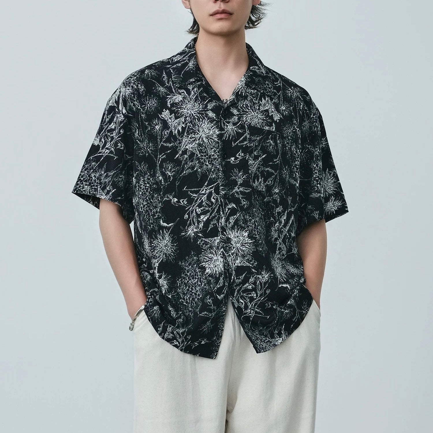 S0390 Chinese Retro Floral Print Trendy Short-Sleeve Cuban Collar Shirt