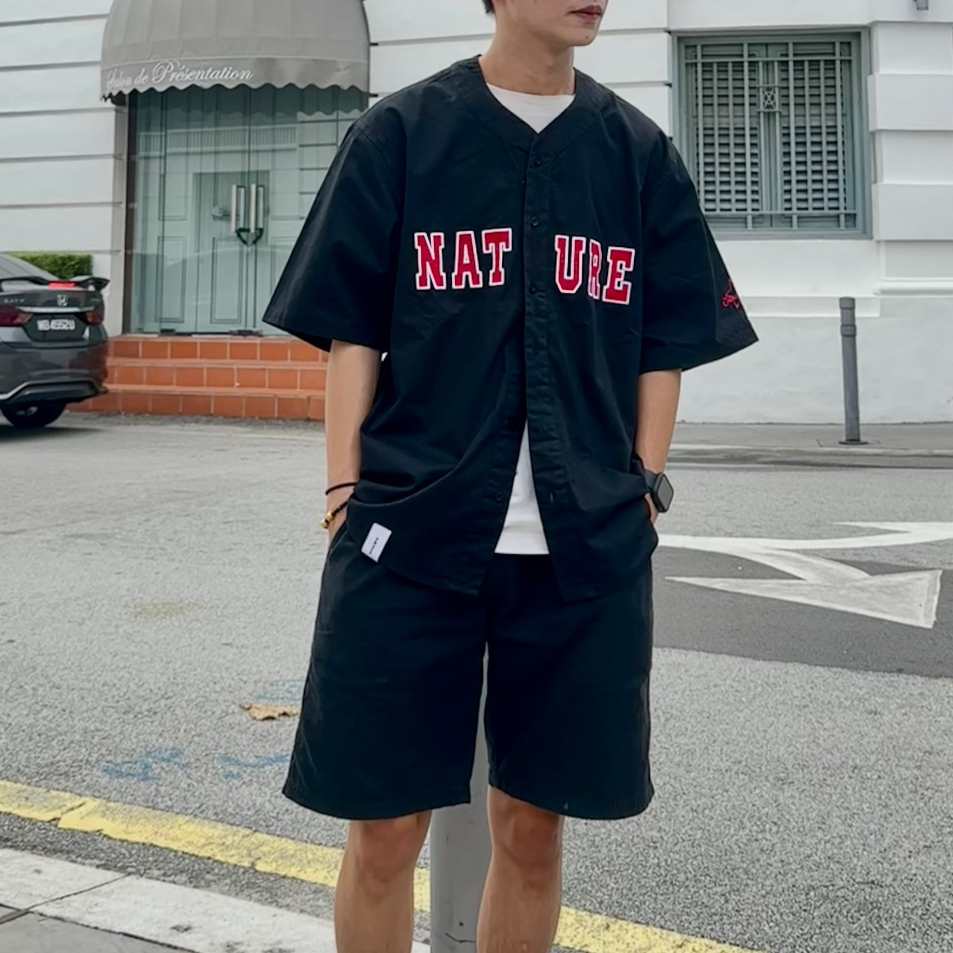S0018 Oversize Casual Label Embroidery Loose Short Baseball Shirt