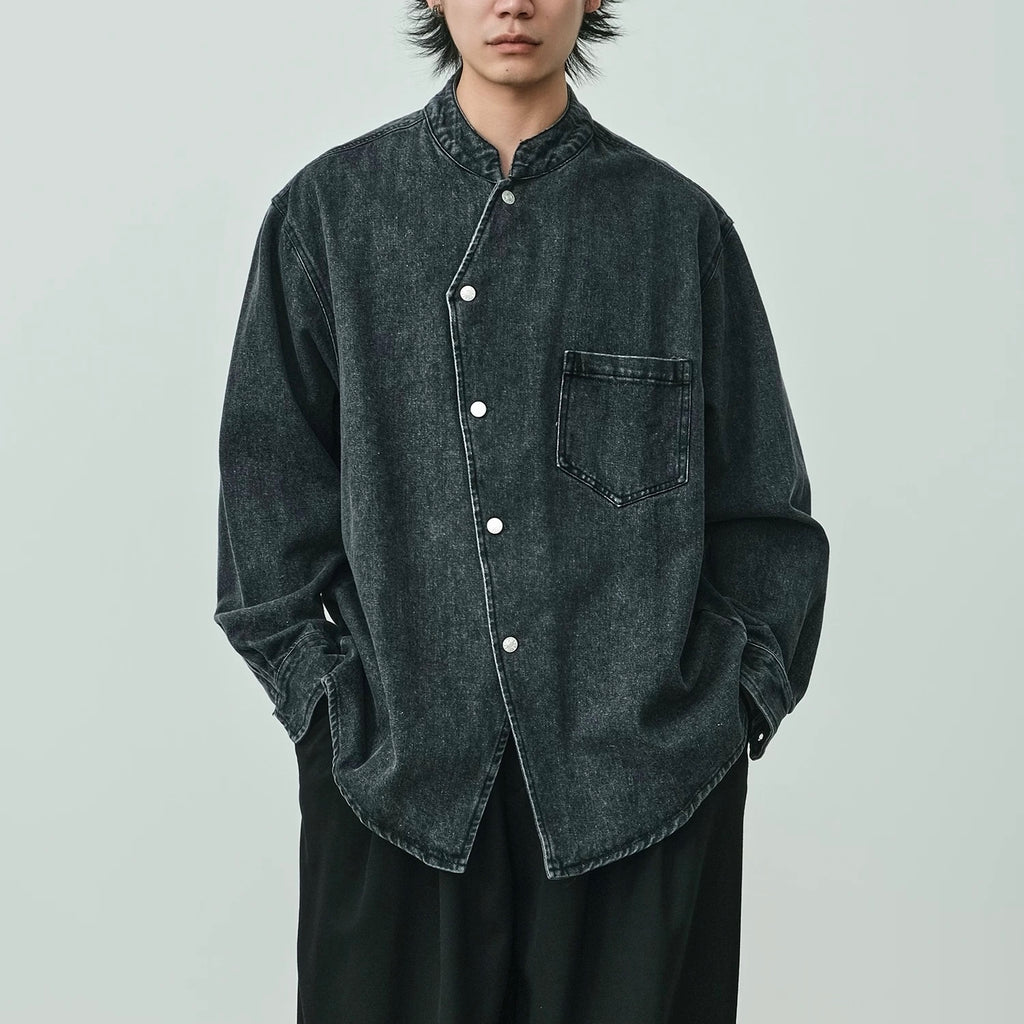 S0394 New Chinese Retro Washed Stand Collar Denim Shirt