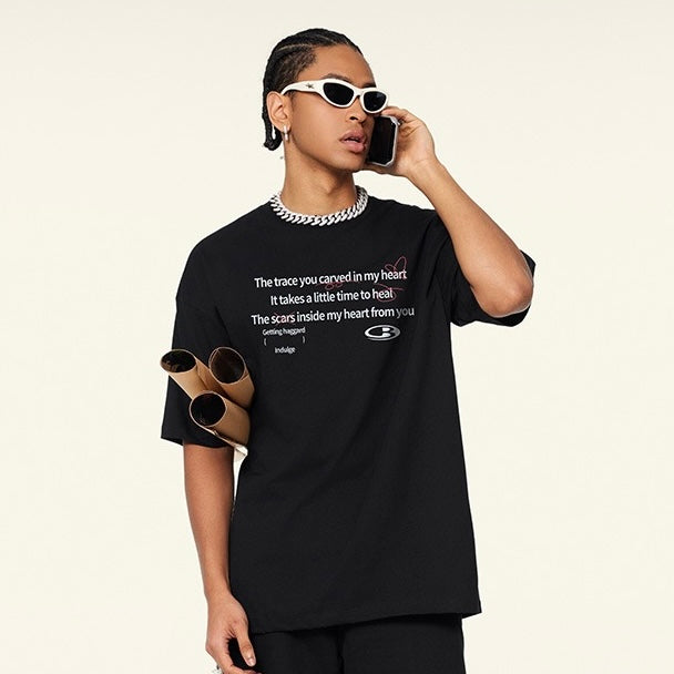 S0381 American style Sorona cool-feel loose-fitting crew neck trendy letter short-sleeved t-shirt