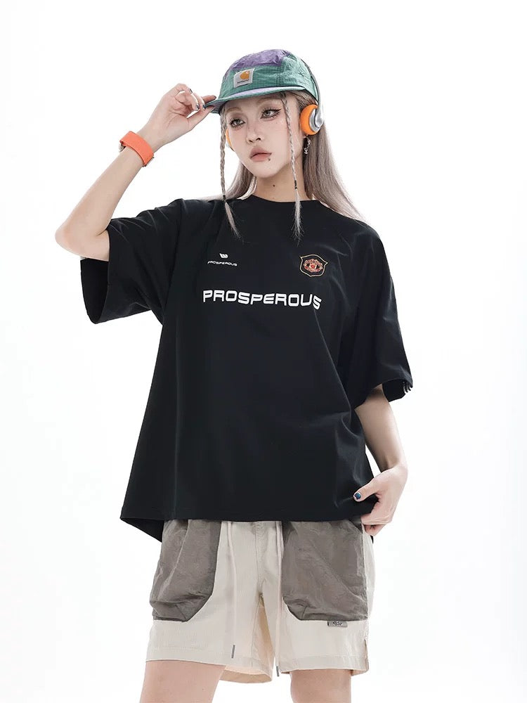 S0387 American-style loose-fitting patchwork T-shirt Available: Black | White | Grey | Red