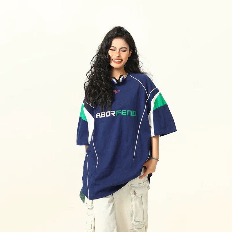 S0389 American-style patchwork functional loose-fitting jersey T-shirt