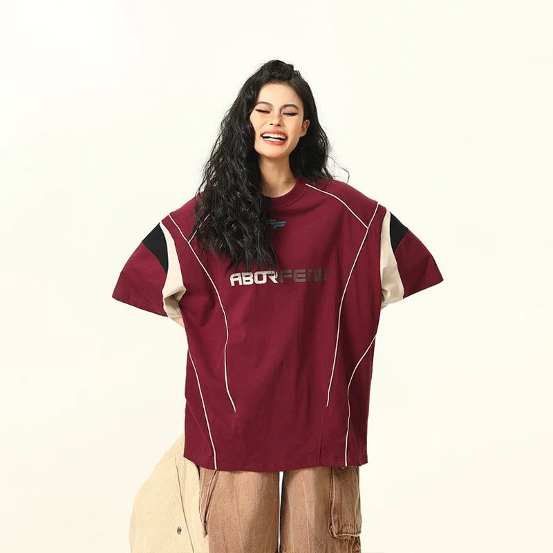 S0389 American-style patchwork functional loose-fitting jersey T-shirt