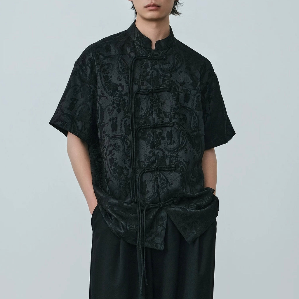 S0392 New Chinese Style Paisley Embroidered Short-Sleeve Shirt