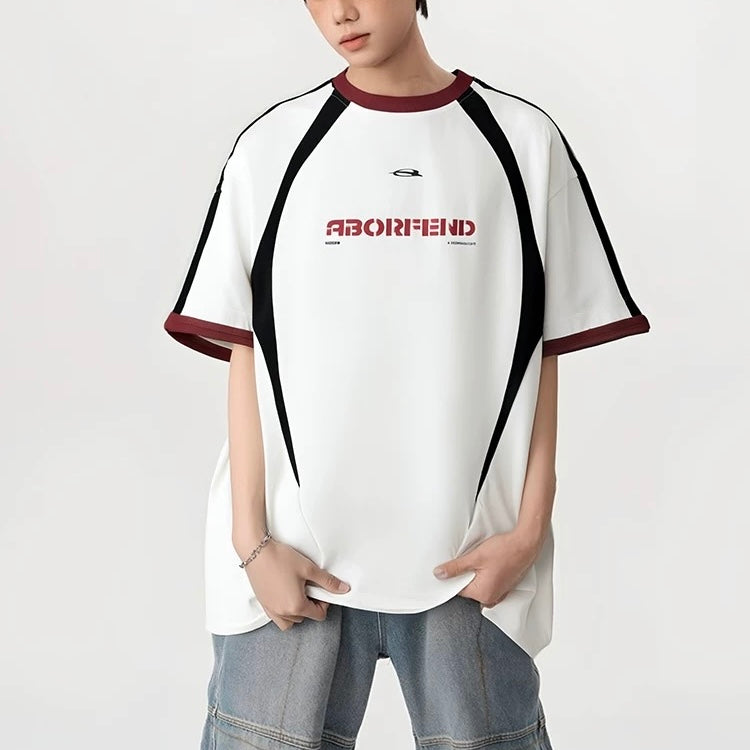 S0395 American retro letter print color-blocked short-sleeved T-shirt