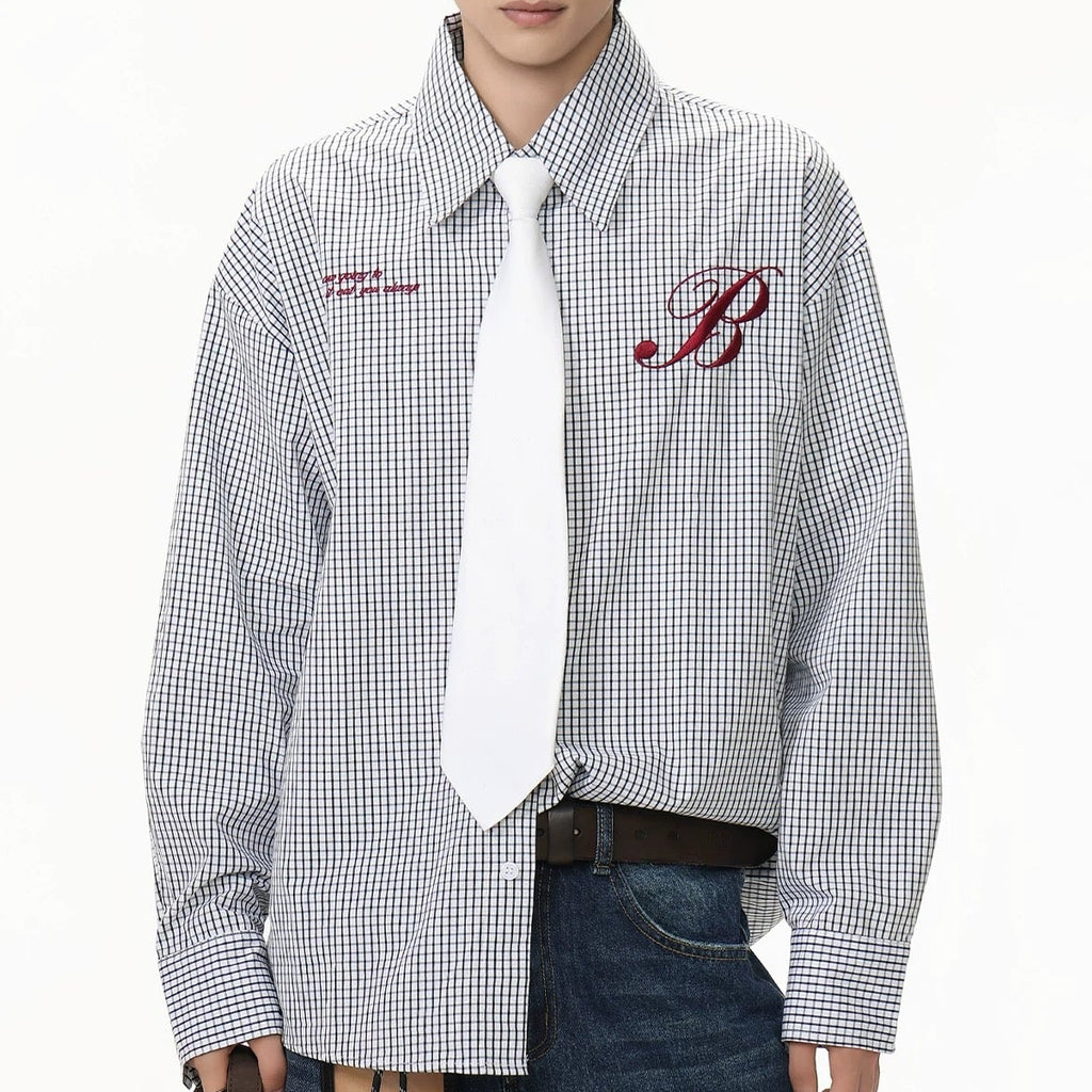 S0404 American-style niche design letter embroidered plaid collar shirt