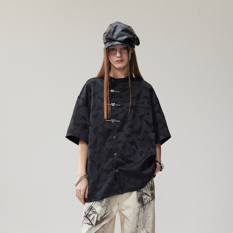 S0406 New Chinese style niche butterfly design loose short-sleeved stand-collar shirt