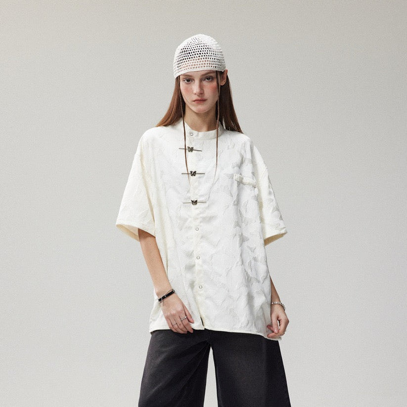S0406 New Chinese style niche butterfly design loose short-sleeved stand-collar shirt