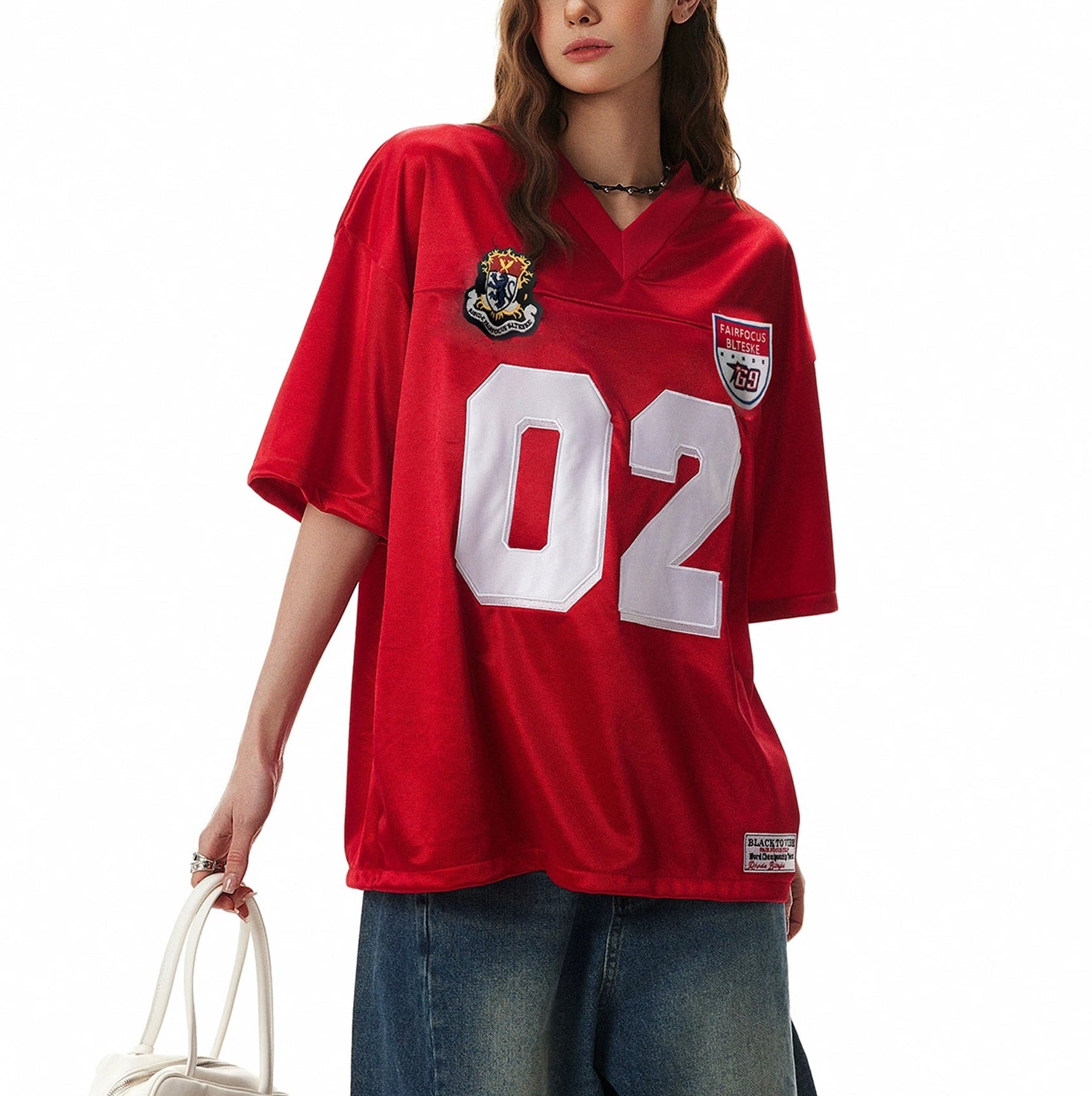 S0409 American Style No. 02 Embroidered Loose V-Neck Jersey T-Shirt