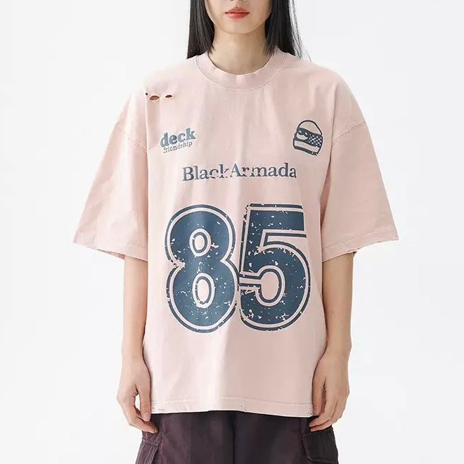 S0407 American retro letter print color-blocked short-sleeved T-shirt