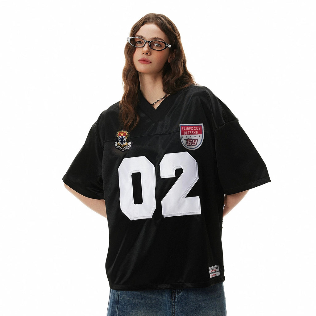 S0409 American Style No. 02 Embroidered Loose V-Neck Jersey T-Shirt