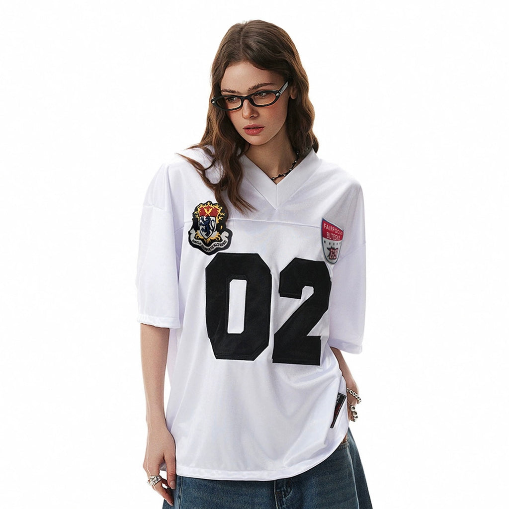 S0409 American Style No. 02 Embroidered Loose V-Neck Jersey T-Shirt
