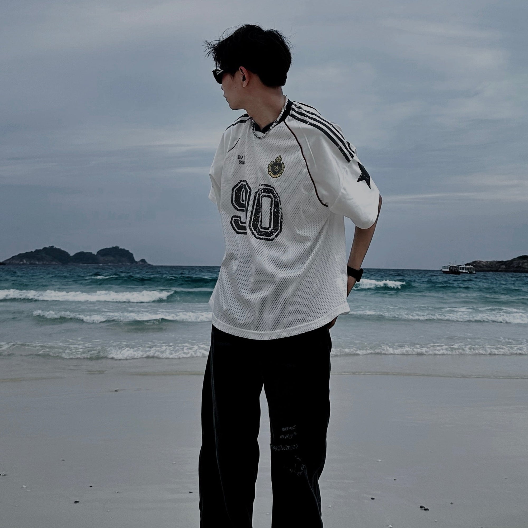 S0163 American retro mesh graffiti star print jersey style loose T-shirt