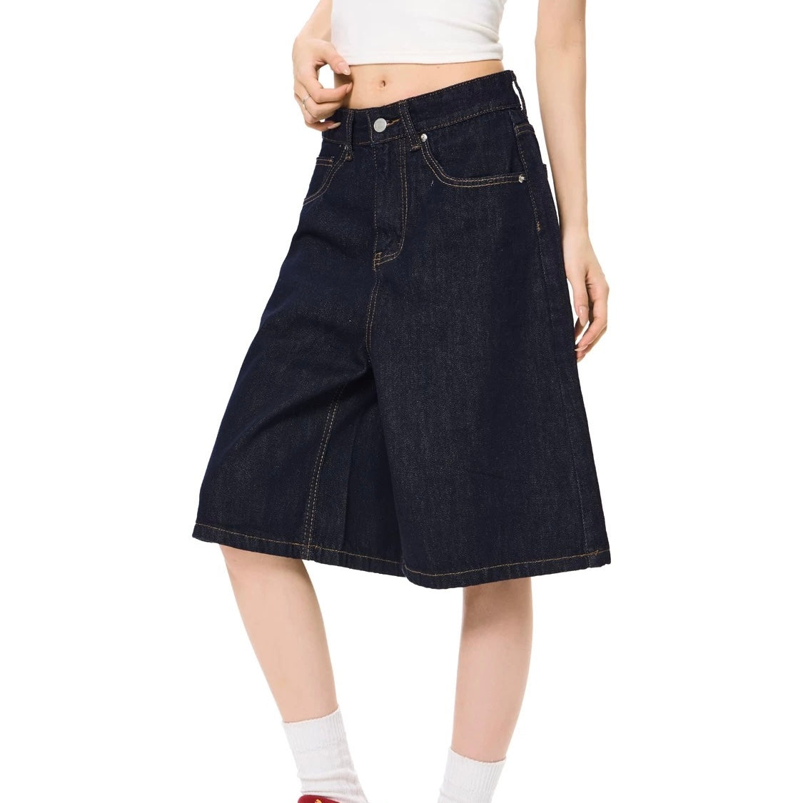 P0206 American retro washed distressed straight-leg cleanfit wide-leg denim shorts