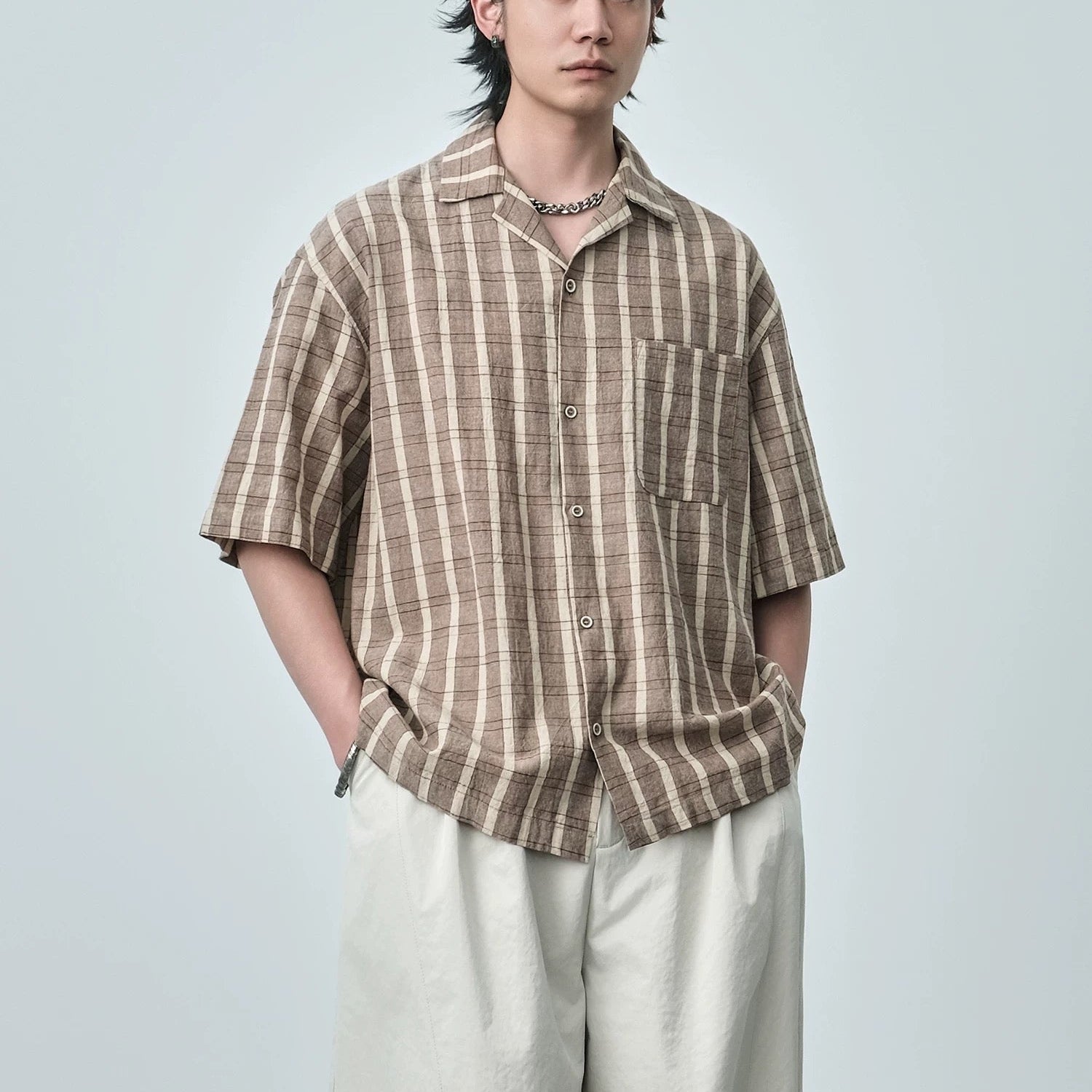 S0418 Japanese-style city boy oversized retro washed striped short-sleeved shirt