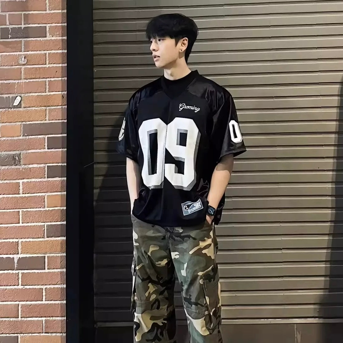S0411 American street retro mesh V-neck short-sleeved T-shirt