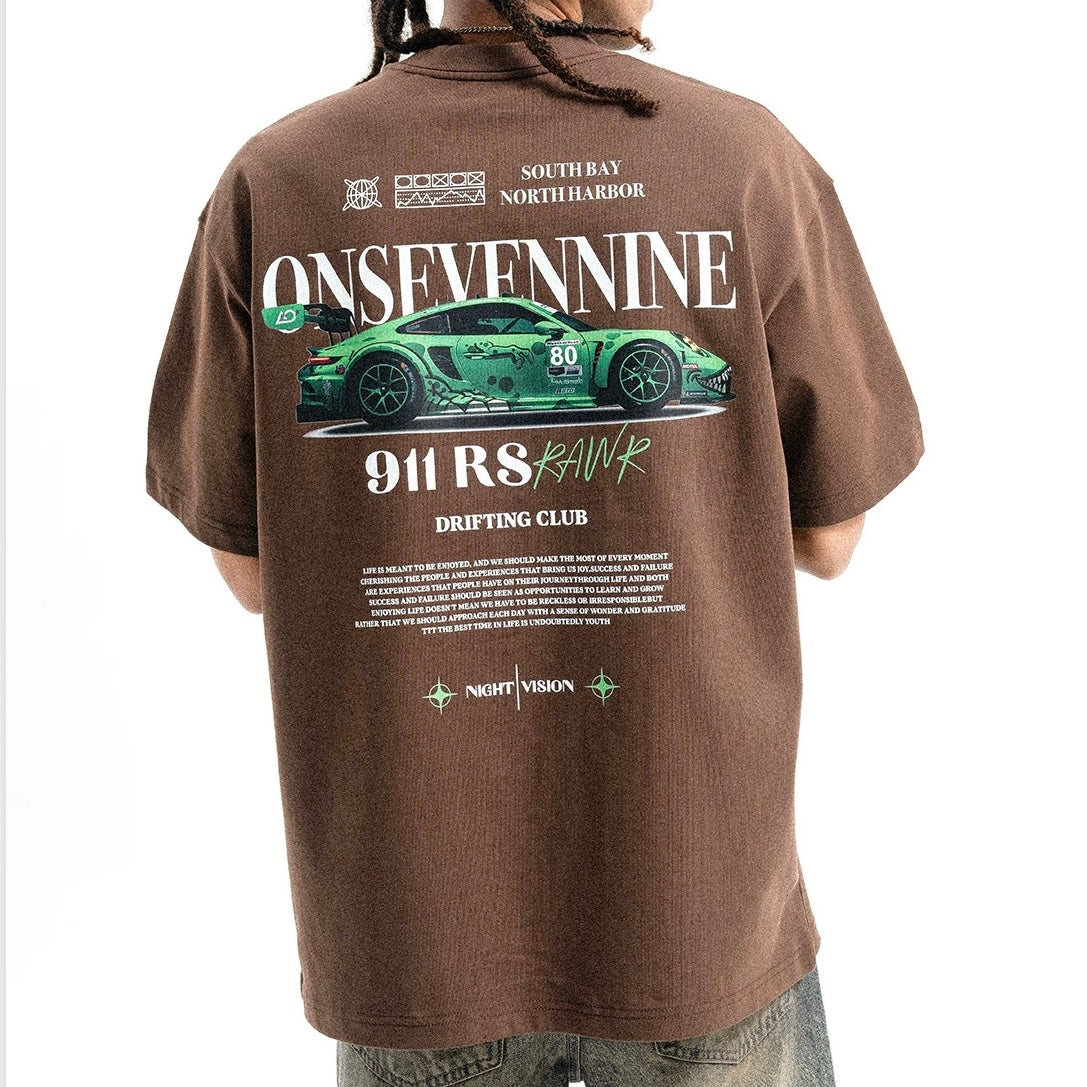 S0413 American Retro Sports Car Print Pure Cotton Loose Short-Sleeve T-Shirt