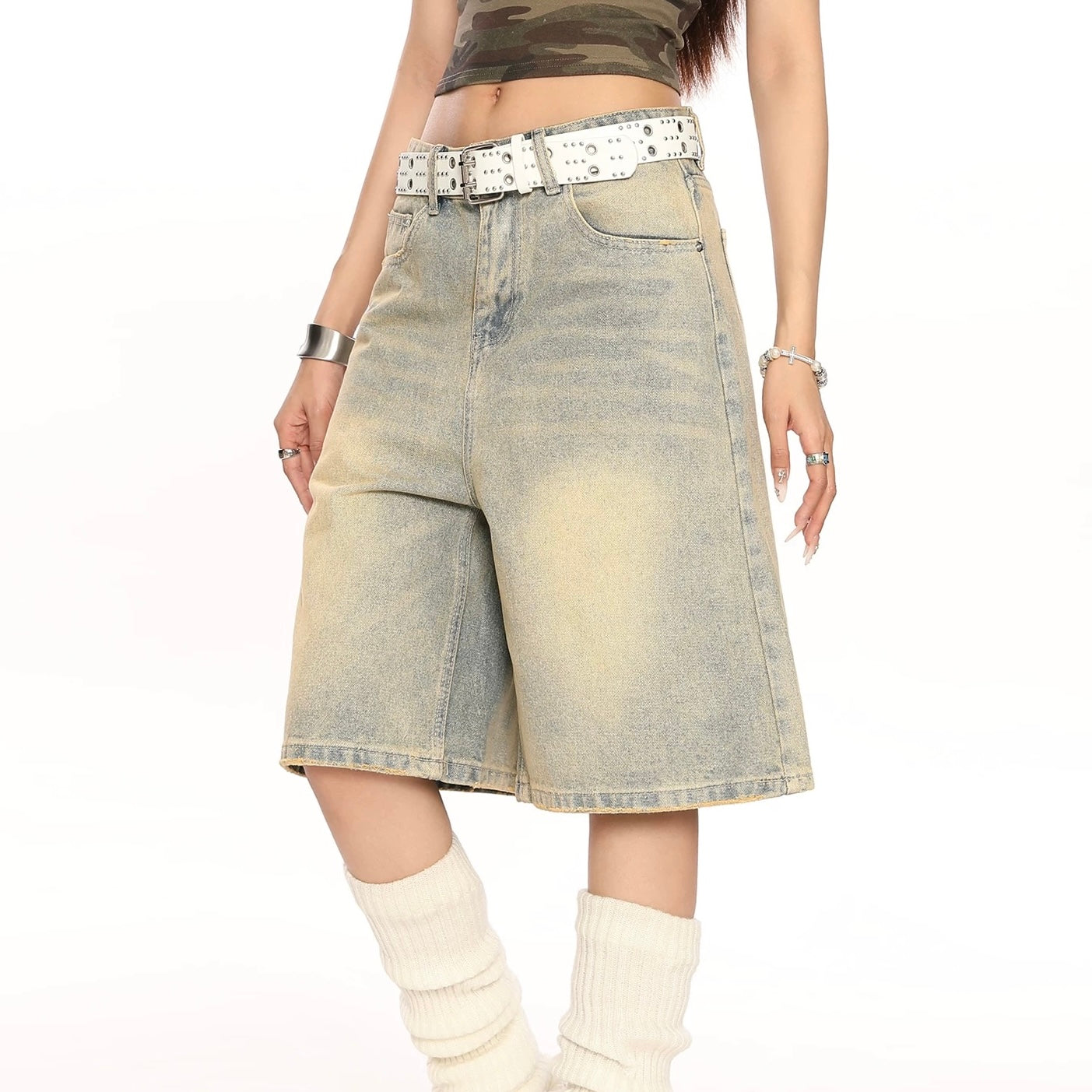 P0206 American retro washed distressed straight-leg cleanfit wide-leg denim shorts