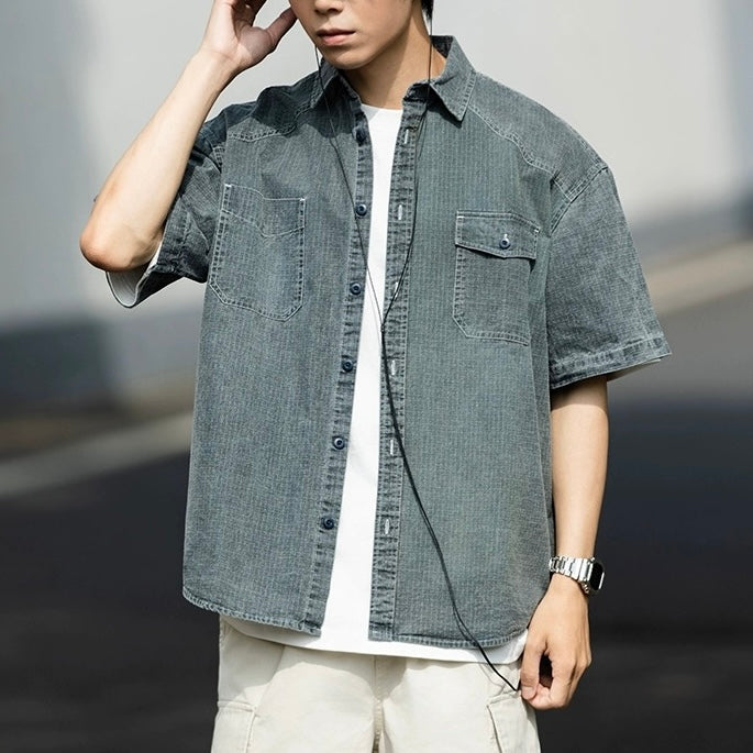 S0414 Americana Style Fermented Wash Multi-Pocket Short-Sleeve Work Shirt