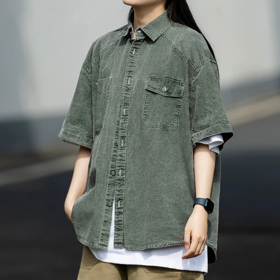 S0414 Americana Style Fermented Wash Multi-Pocket Short-Sleeve Work Shirt