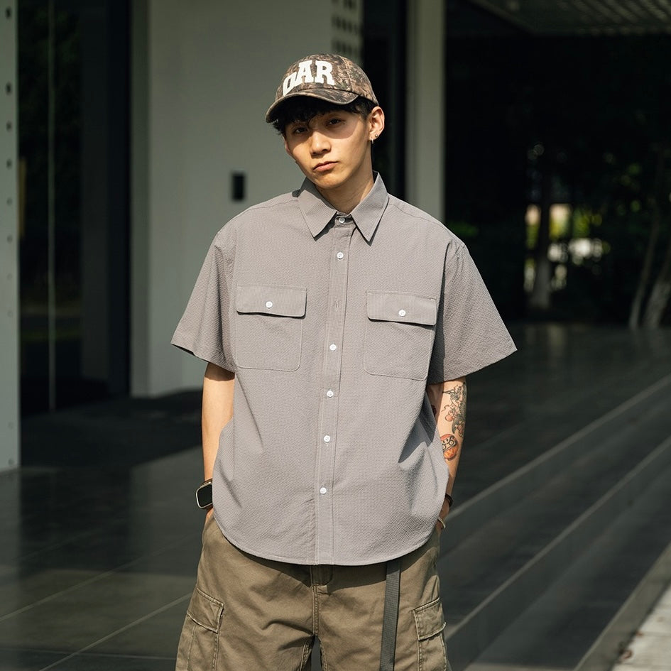 S0422 Japanese-style DuPont Sorona bubble fabric cool quick-drying loose-fitting short-sleeved five-point shirt