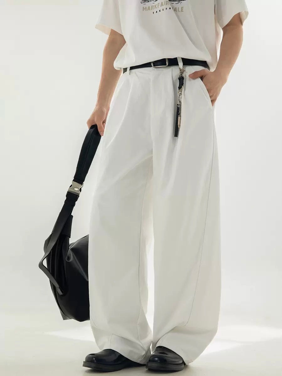 P0208 AAmerican-style segmented pleated textured loose straight-leg trousers