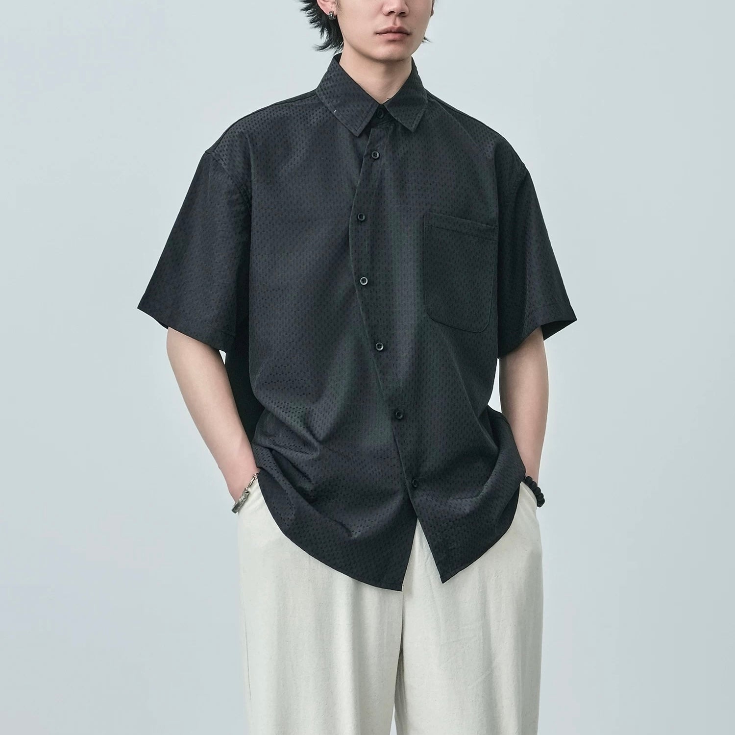 S0424 Japanese style slanted placket oversize short sleeved shirt