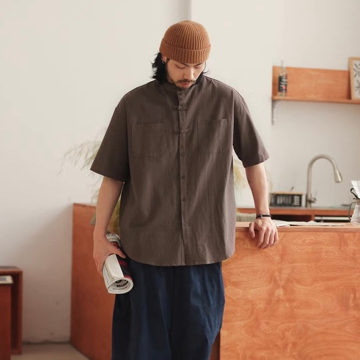 S0420 New Chinese Style Stand Collar Chinese Fold Short-Sleeve Shirt