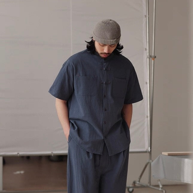 S0420 New Chinese Style Stand Collar Chinese Fold Short-Sleeve Shirt