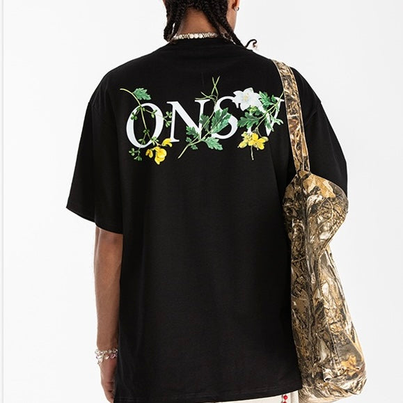 S0421 American retro streetwear floral print T-shirt