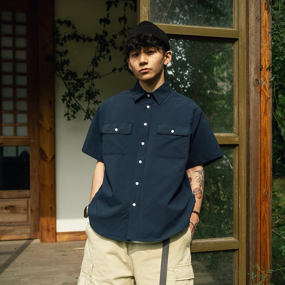 S0422 Japanese-style DuPont Sorona bubble fabric cool quick-drying loose-fitting short-sleeved five-point shirt
