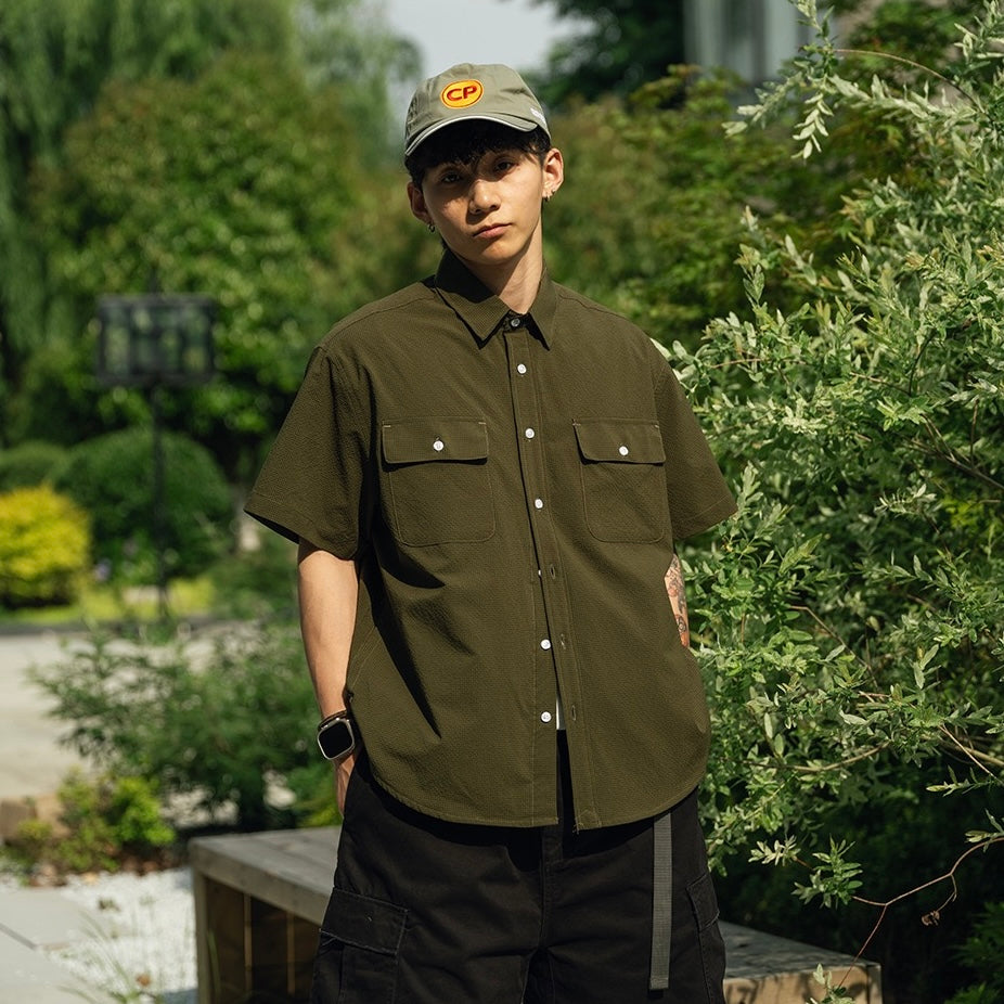 S0422 Japanese-style DuPont Sorona bubble fabric cool quick-drying loose-fitting short-sleeved five-point shirt